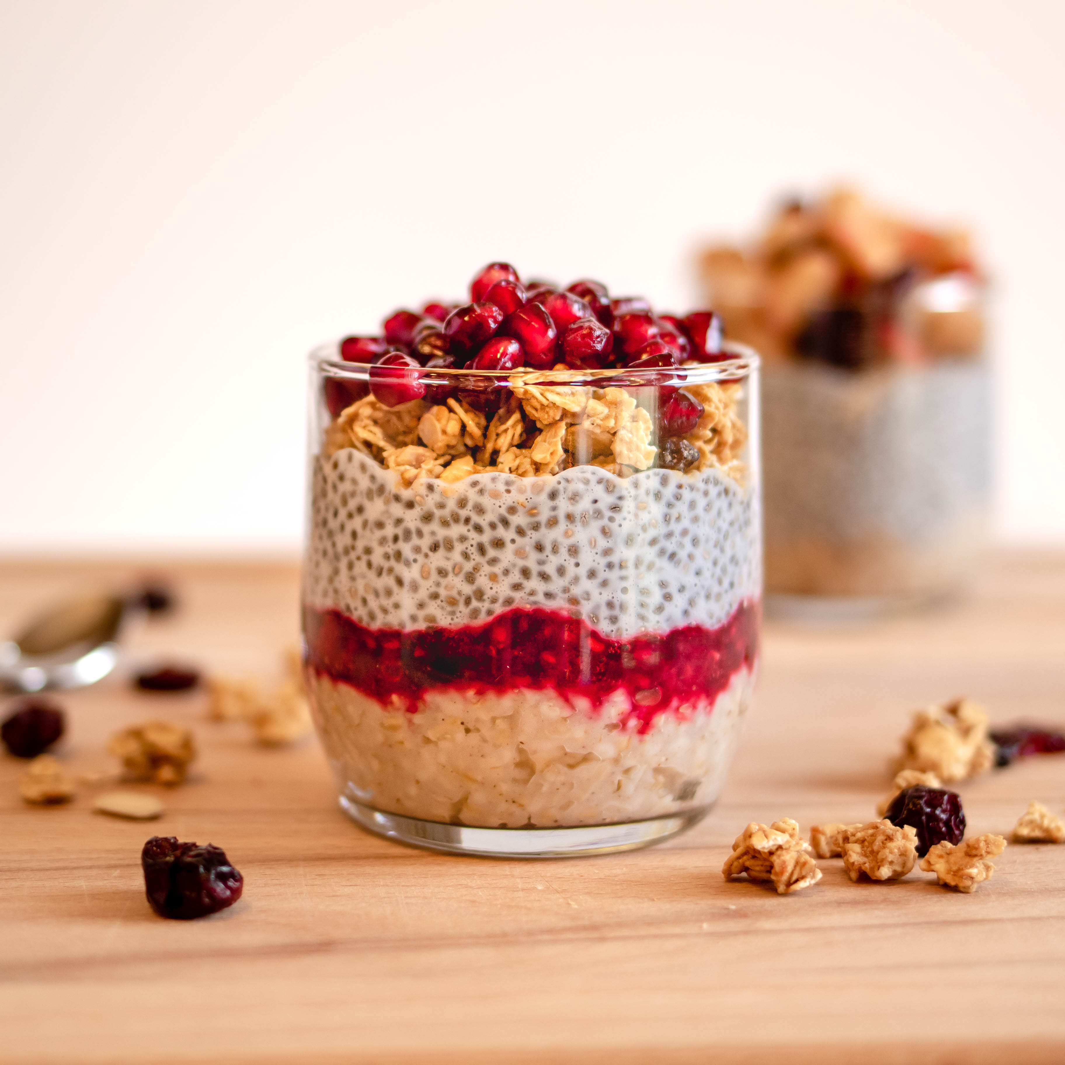 pomegranate chia seed in glass jar pudding