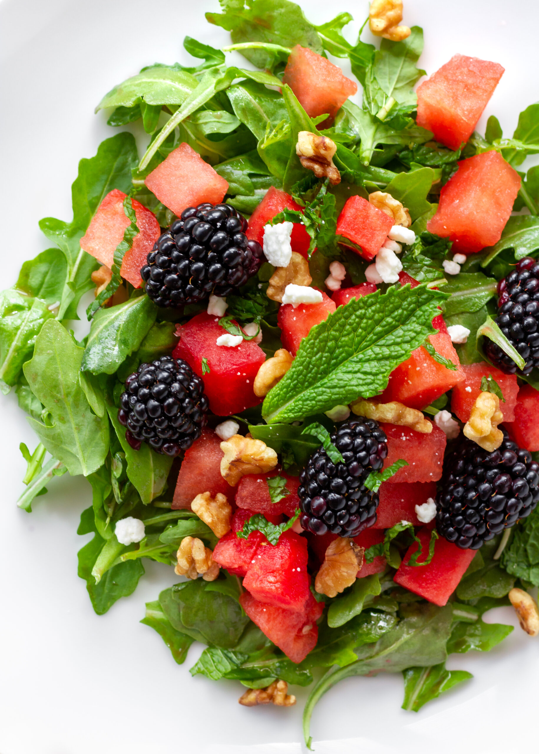 elegant arugula salad with watermelon, blackberries, and mint